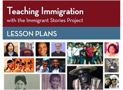 [ai] A collage featuring diverse individuals and groups related to immigration, with the text 'Teaching Immigration with the Immigrant Stories Project' and 'LESSON PLANS' displayed at the top.